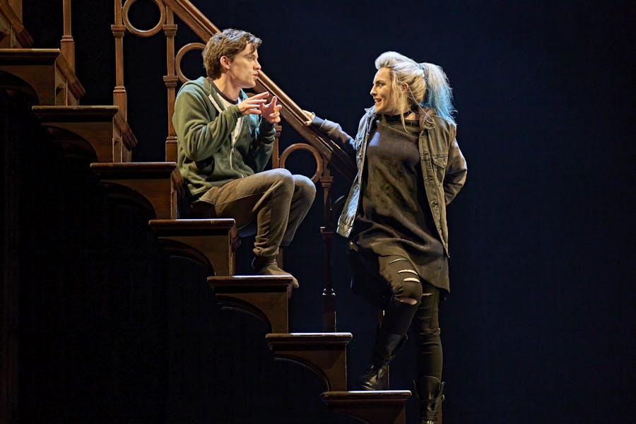 Albus Potter and Delphi Diggory chatting on stairs, Harry Potter and the Cursed Child, London West End