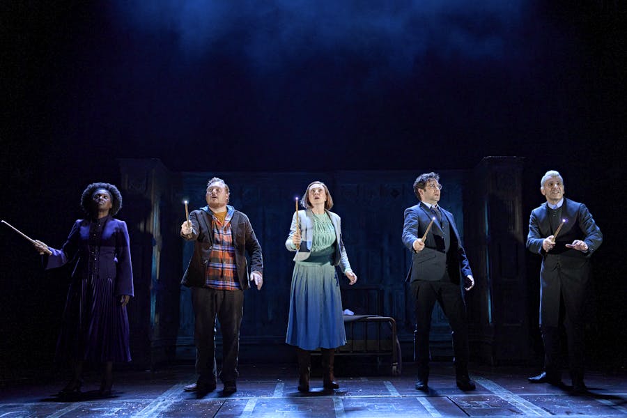 Harry, Ginny, Ron, Hermione braced with wands at the ready, Harry Potter and the Cursed Child, London West End